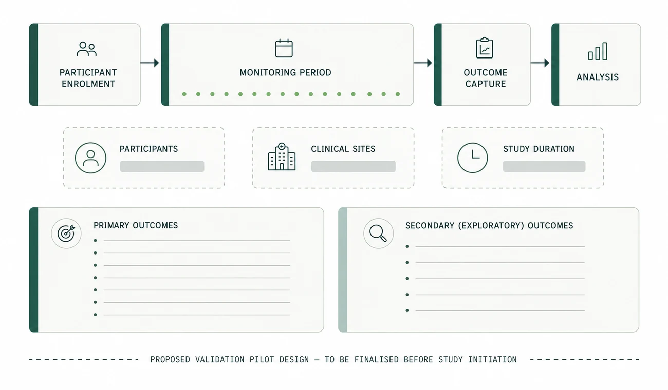 Diagram of the proposed pilot: participant enrolment, monitoring period, outcome capture and analysis.