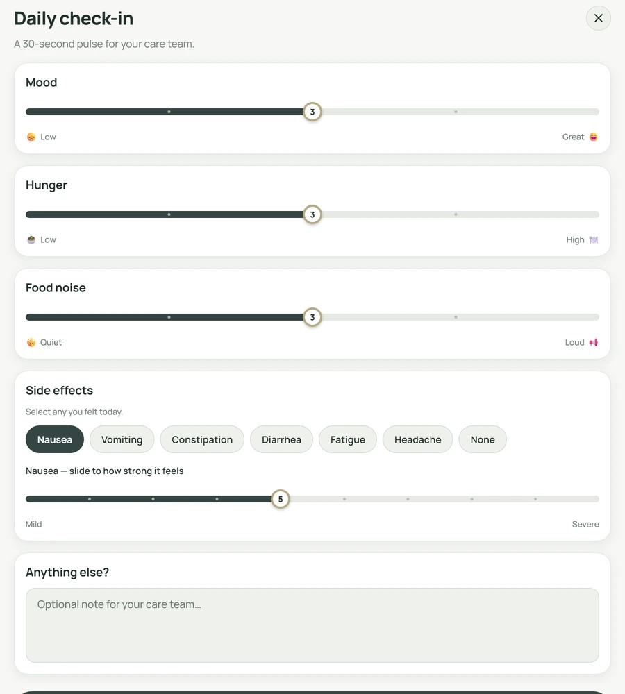Symptom reporting screen showing structured severity capture and symptom trends over time alongside adherence history.